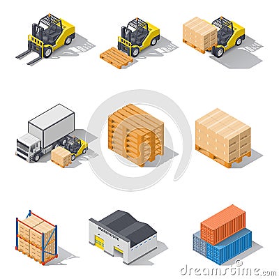 Storage equipment isometric icons set. Vector Illustration