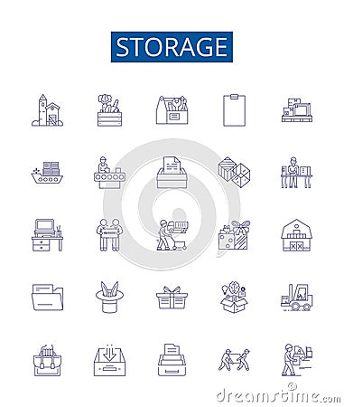 Storage line icons signs set. Design collection of Storage, preservation, stocking, stockpiling, keeping, cache Vector Illustration
