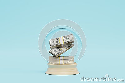 storage of money in a glass ball. souvenir glass ball with wads of dollars inside. 3D render Stock Photo