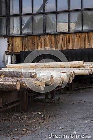 Storage of piles of wooden boards on the sawmill. Sawing drying and marketing of wood. Pine lumber for furniture Stock Photo