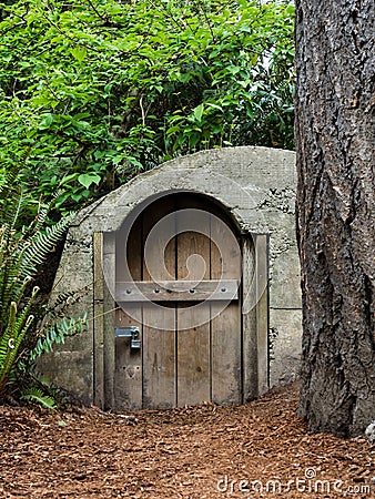 Storage shed in Bellevue Botanical Garden that looks like a hobbit house Stock Photo