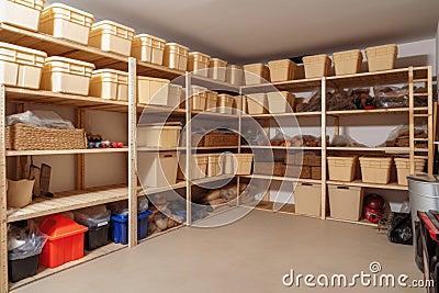 storage space, with a variety of boxes and bins for storing items Stock Photo