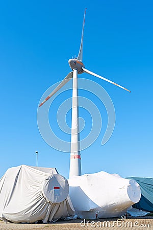 Storage yard for components of wind turbines of the manufacturer Enercon in Magdeburg Editorial Stock Photo