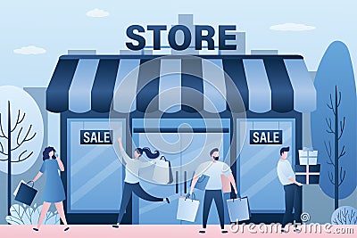 Store building with shop windows. Happy shoppers with shopping bags and gifts. Various customers near storefront Vector Illustration