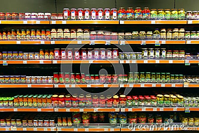 Store canned of cucumbers tomatoes and others Editorial Stock Photo