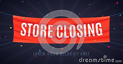 Store closing banner sign. Sale red flag isolated with text store closing, poster frame clearance offer Vector Illustration