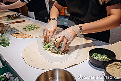 in-store cooking demonstration of vegan burrito making Stock Photo