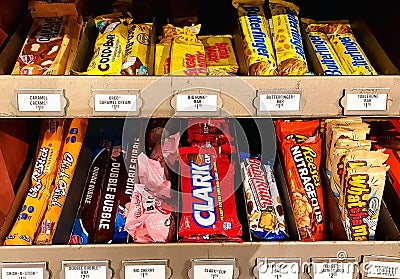 Store display of retro vintage 70s and 80s candy bars for sale Editorial Stock Photo