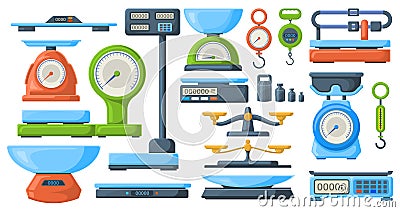 Store electronic and mechanical scales for weight measuring. Market or kitchen measuring libra instrument vector Vector Illustration