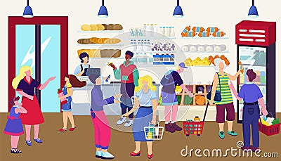 Store with food, vector illustration. Woman man customer people character at grocery, supermarket make retail purchase Vector Illustration