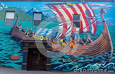 Viking Ship Mural. Boehms Chocolates Store Front Editorial Stock Photo