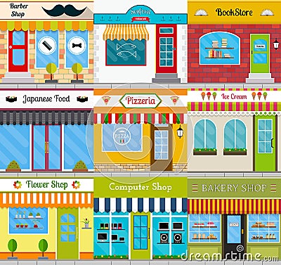 Store fronts and building facades set. Vector Illustration