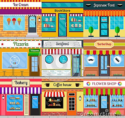 Store fronts and building facades set. Vector Illustration