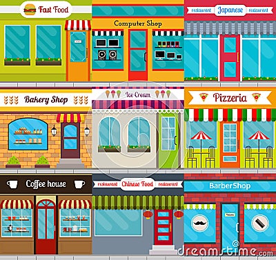 Store fronts and restaurants facades set. Vector Illustration