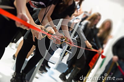 Store grand opening - cutting red ribbon Stock Photo