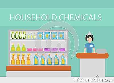 Store household chemicals, cleaning agents, detergents, cosmetics. The department store with household cleaning flat style. Vector Vector Illustration