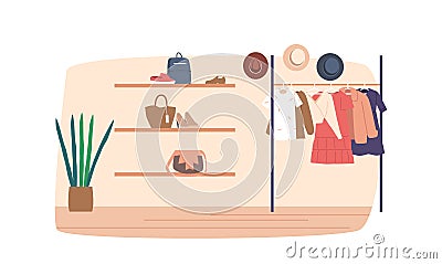 Store Interior with Apparel on Hangers, Shoes and Accessories on Shelves. Garment Shop, Fashioned Boutique Vector Illustration