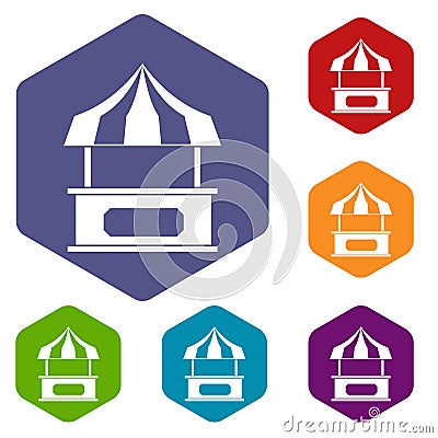 Store kiosk with striped awning icons set hexagon Vector Illustration