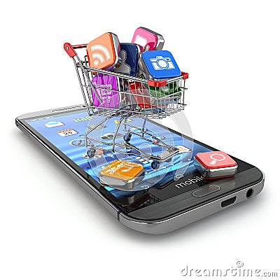 Store of mobile software. Smartphone apps icons in shopping cart Stock Photo