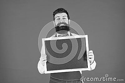 Store sale. Black friday discount. Advertising concept. Happy hours. Cafe shop advertising. Man bearded hipster in apron Stock Photo