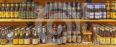 Panoramic Belgian Beer Bottle Culture, Bruges Editorial Stock Photo