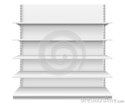 Store shelves. White empty supermarket shelf. Realistic front view showcase display for product advertising. Retail Vector Illustration
