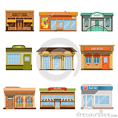 Store shop front window buildings icon set flat isolated Vector Illustration