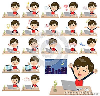 Store staff red uniform men_desk work Vector Illustration