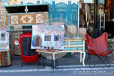 Store trendy home furniture arts display, Old Jaffa, Tel Aviv Editorial Stock Photo