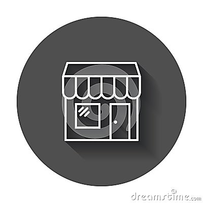 Store vector icon. Shop build illustration on black round background with long shadow. Vector Illustration