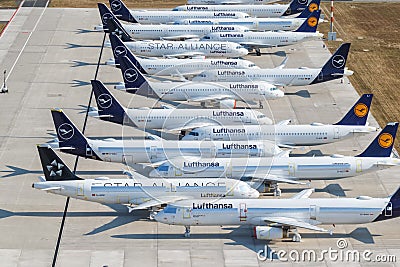 Stored Lufthansa airplanes Coronavirus Corona Virus COVID-19 Berlin Brandenburg BER airport aerial view Editorial Stock Photo