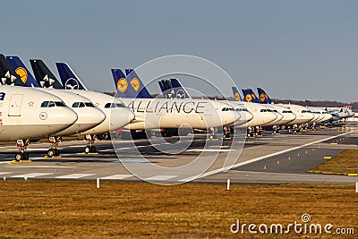 Stored Lufthansa airplanes during Coronavirus Corona Virus COVID-19 Frankfurt airport Editorial Stock Photo