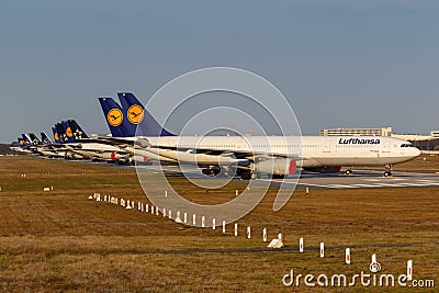 Stored Lufthansa airplanes during Coronavirus Corona Virus COVID-19 Frankfurt airport Editorial Stock Photo