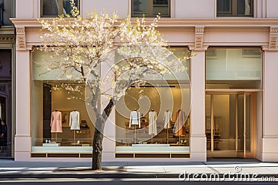 Storefront of a clothing boutique on a spring street showcasing its fashion collection on mannequins. Blooming tree on Stock Photo