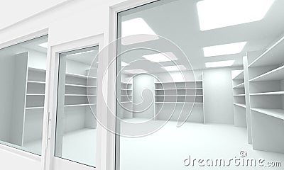 Storefront facade with empty shelves 3d render illustration Cartoon Illustration