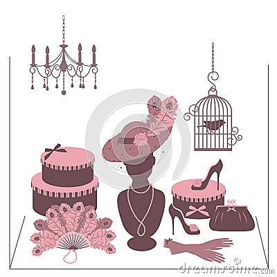 Storefront fashion shop with women accessory. Vector Illustration