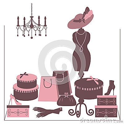 Storefront fashion shop with women accessory. Vector Illustration