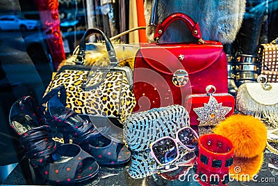 Storefront fashion shop with women accessory. Stock Photo