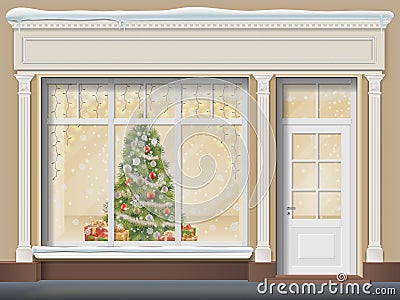 Storefront with showcase decorated for Christmas Vector Illustration