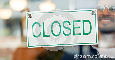Storefront, small business or closed sign on window in coffee shop or restaurant for end of service. Closing time, happy Stock Photo