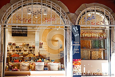 Storefront window display from European confectionary store Editorial Stock Photo
