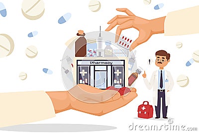 Storefronts pharmacy in big hand, vector illustration. Building design for sales cartoon medicines, pills, sprays and Vector Illustration