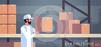 Storekeeper warehouse worker puts cardboard box on shelf man courier collects parcels storehouse interior male cartoon Vector Illustration