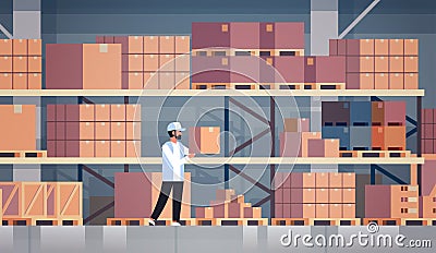 Storekeeper warehouse worker puts cardboard box on shelf man courier collects parcels storehouse interior male cartoon Vector Illustration