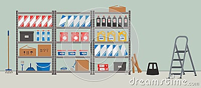 Storeroom. Shelving with household goods. Warehouse racks Vector Illustration