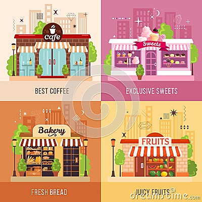 Stores Facades 2x2 Design Concept Vector Illustration