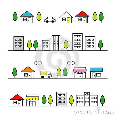 Stores and houses on a street Vector Illustration