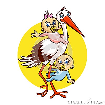 Stork with Babies Boy and Girl Sticker Vector Illustration