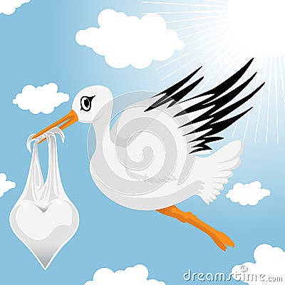 Stork with baby boy Vector Illustration