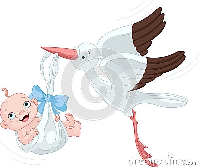 Stork And Baby Boy Vector Illustration